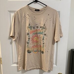 Distressed Beige Graphic Tee with Sun and Floral Design